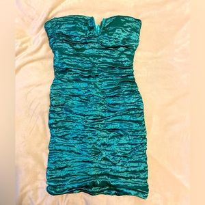 *Nicole Miller** strapless ruched, stretch-satin dress in a divine Tiffany blue